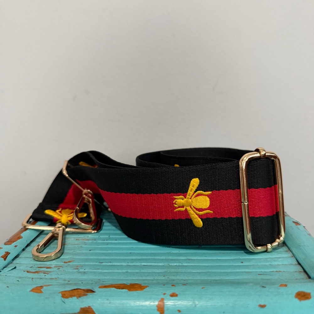 Ahdorned Guitar Style Bag Strap Black Red Striped Design Gold Bee And Hardware